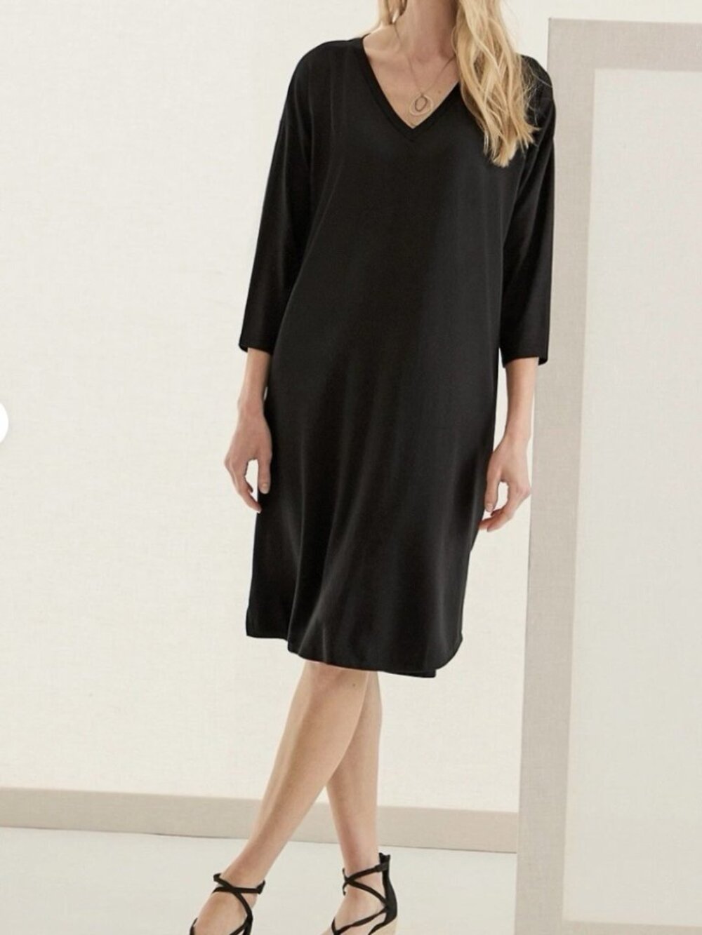 Eileen Fisher Black Jersey Shift Dress Minimalist Midi Dress Quiet Luxury Office